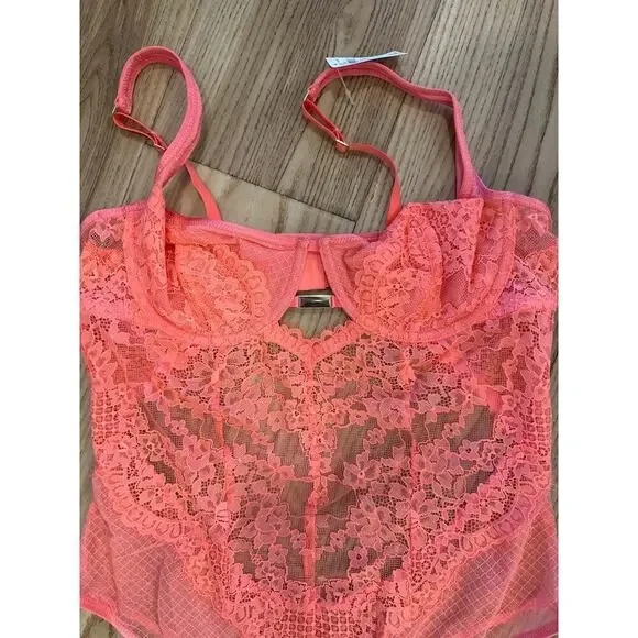 Aerie Show Off Unlined Lace Bodysuit Coral Color 38 C NWT adjustable strap - Picture 3 of 7